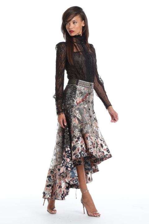 Convertible Embroidered Lace High Low Skirt